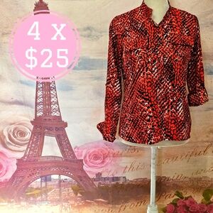 Jones New York Red and Black Button Down Shirt with Notched Collar Petite Sz P